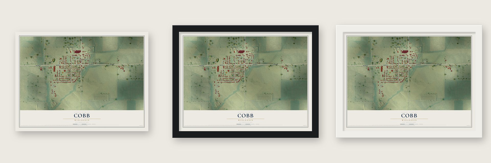 Cobb, Wisconsin map unframed, in a black wood frame and in a white wood frame