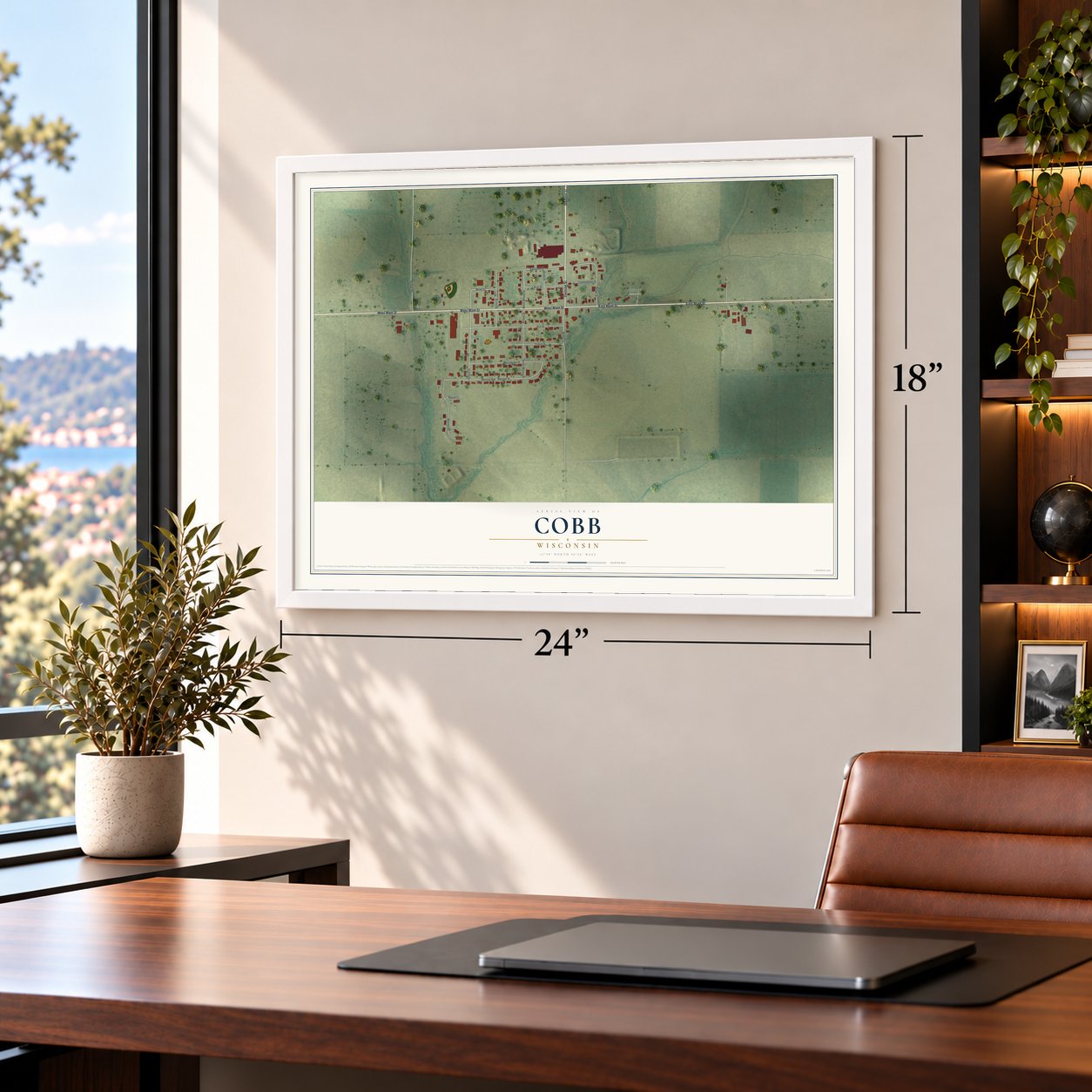 Cobb, Wisconsin map, 18 x 24 inch print in a white frame in a home office