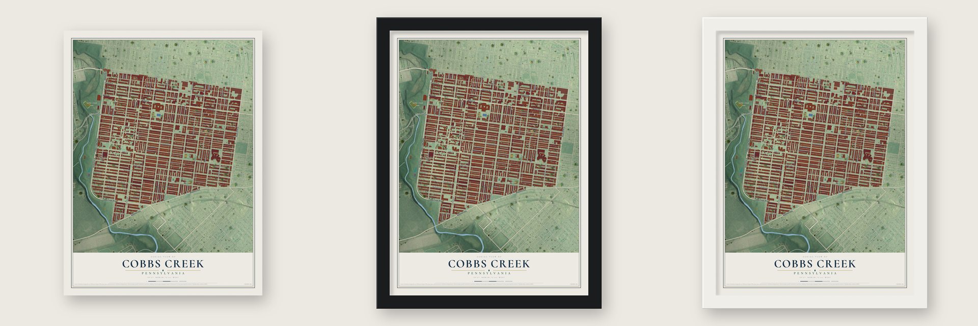 Cobbs Creek, Pennsylvania map unframed, in a black wood frame and in a white wood frame
