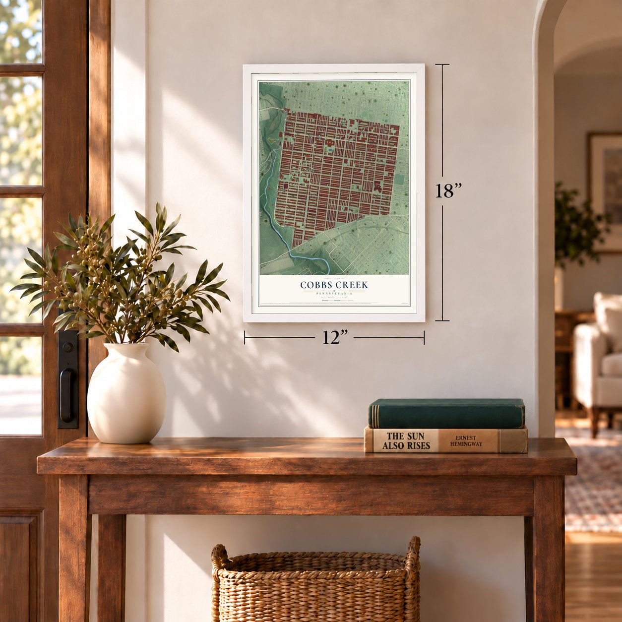 Cobbs Creek, Pennsylvania map, 12 x 18 inch print in a white frame in an entryway