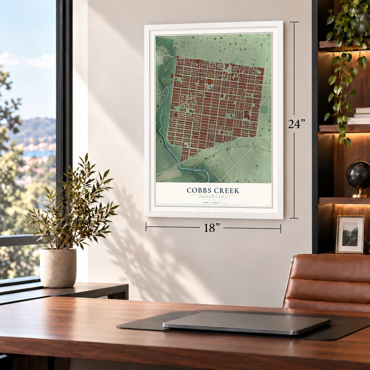 Cobbs Creek, Pennsylvania map, 18 x 24 inch print in a white frame in a home office