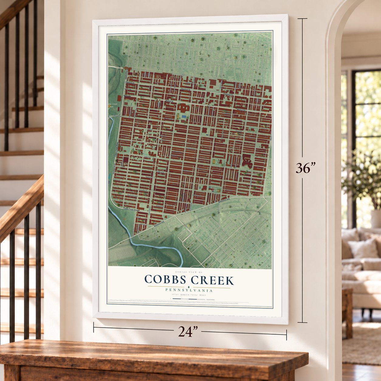Cobbs Creek, Pennsylvania map, 24 x 36 inch print in a white frame by a staircase