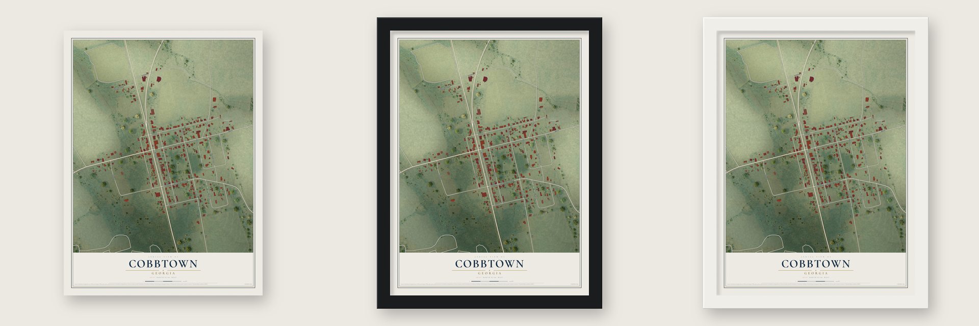 Cobbtown, Georgia map unframed, in a black wood frame and in a white wood frame