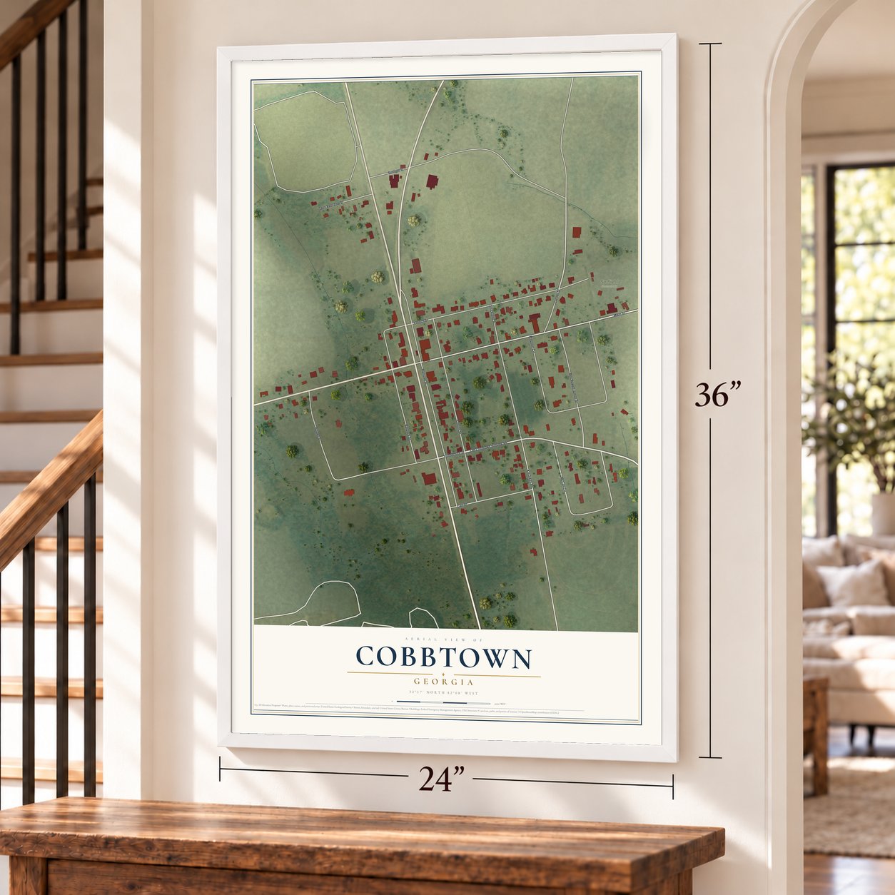 Cobbtown, Georgia map, 24 x 36 inch print in a white frame by a staircase