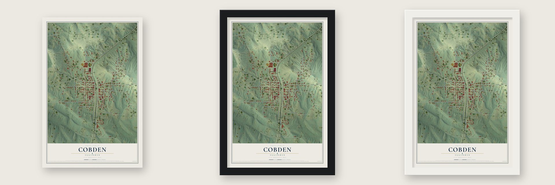 Cobden, Illinois map unframed, in a black wood frame and in a white wood frame