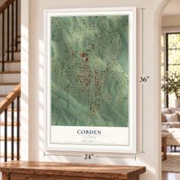 Cobden, Illinois map, 24 x 36 inch print in a white frame by a staircase
