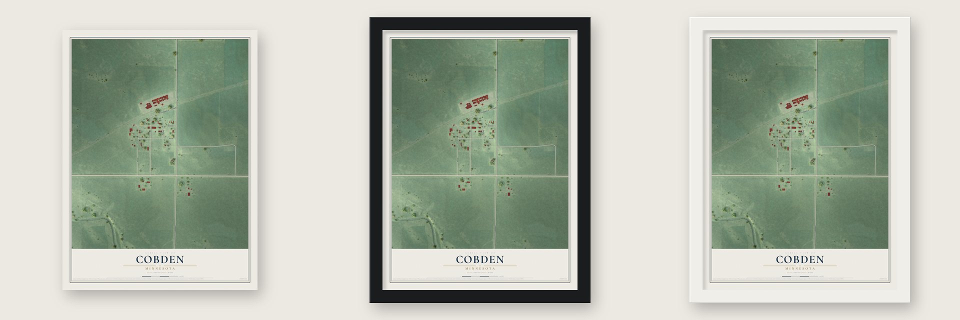 Cobden, Minnesota map unframed, in a black wood frame and in a white wood frame