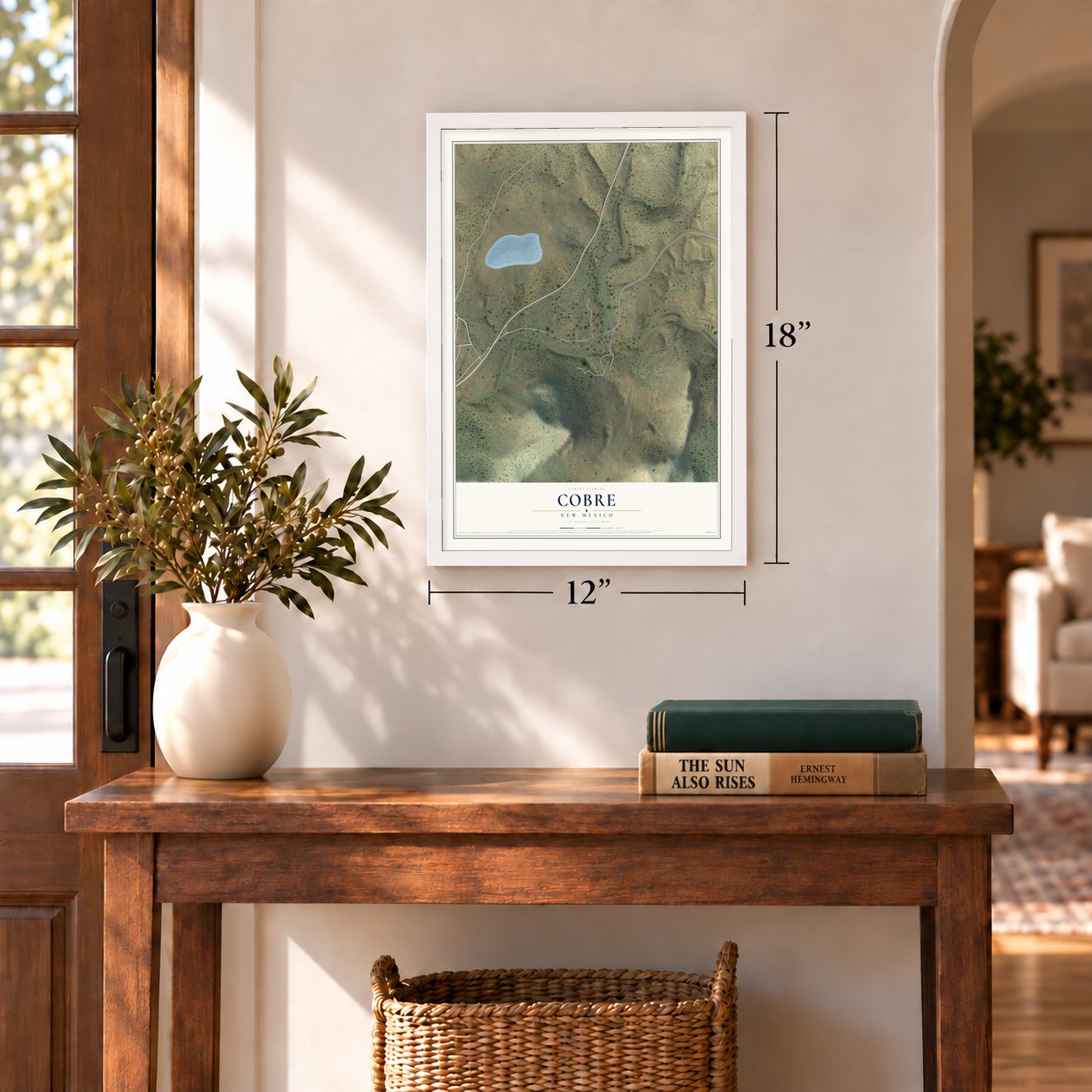 Cobre, New Mexico map, 12 x 18 inch print in a white frame in an entryway