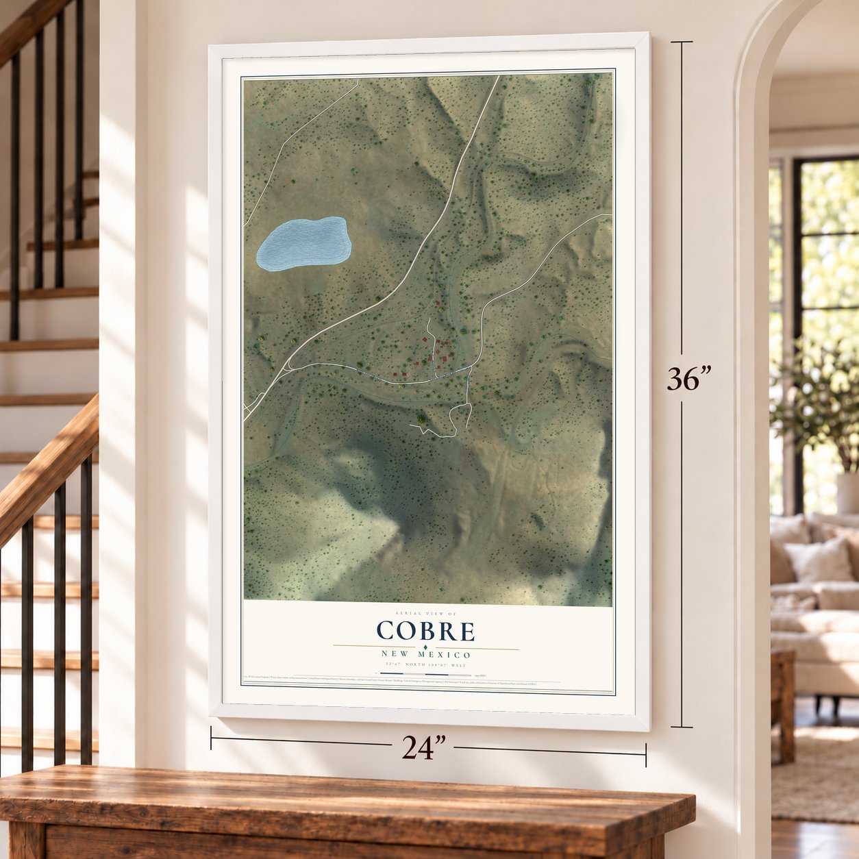 Cobre, New Mexico map, 24 x 36 inch print in a white frame by a staircase