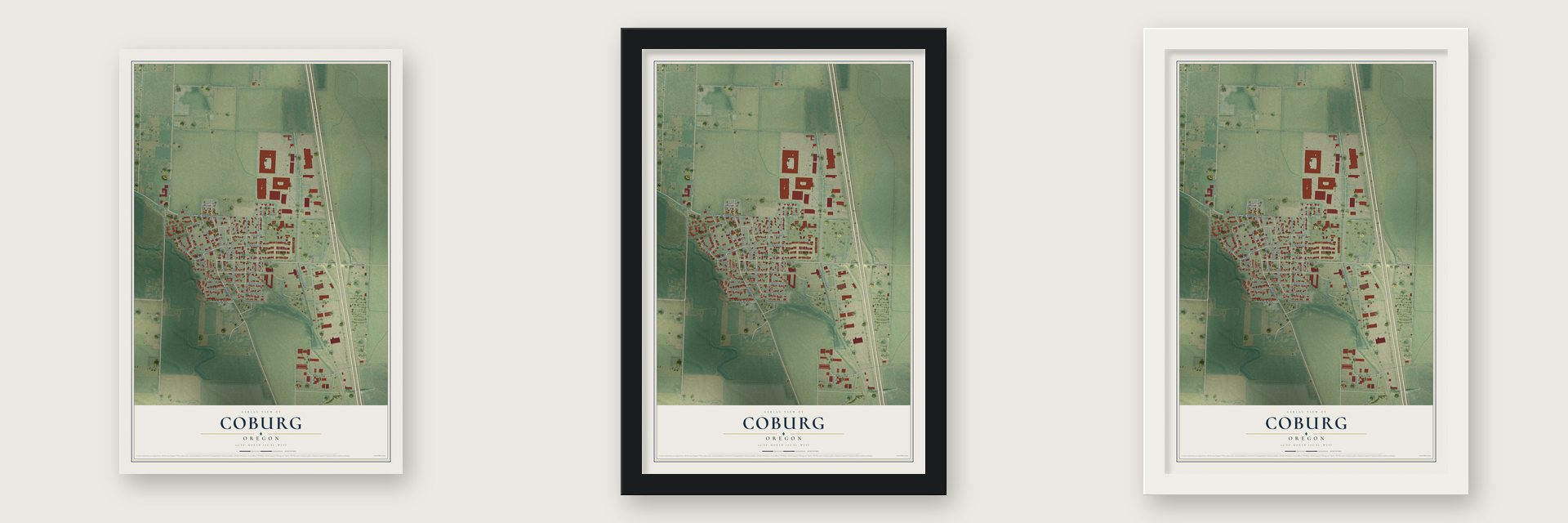 Coburg, Oregon map unframed, in a black wood frame and in a white wood frame