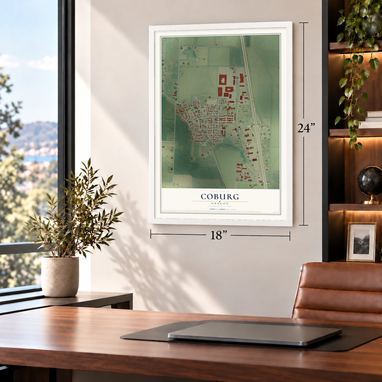 Coburg, Oregon map, 18 x 24 inch print in a white frame in a home office