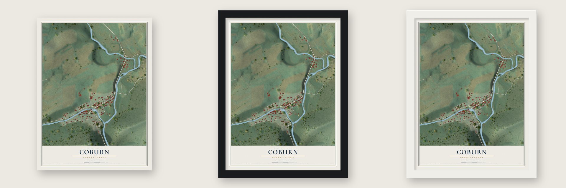 Coburn, Pennsylvania map unframed, in a black wood frame and in a white wood frame