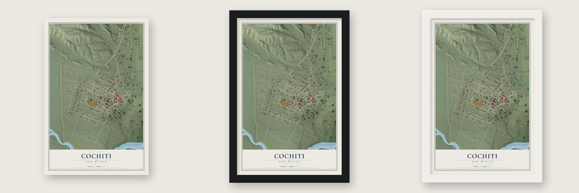 Cochiti, New Mexico map unframed, in a black wood frame and in a white wood frame