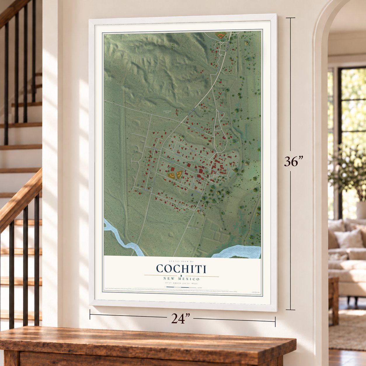 Cochiti, New Mexico map, 24 x 36 inch print in a white frame by a staircase