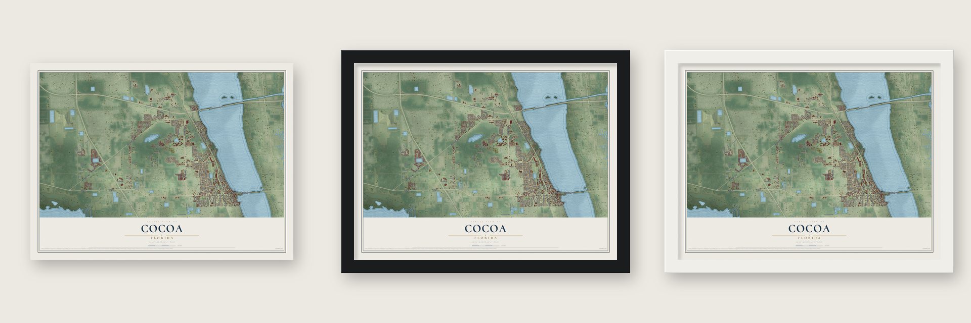 Cocoa, Florida map unframed, in a black wood frame and in a white wood frame