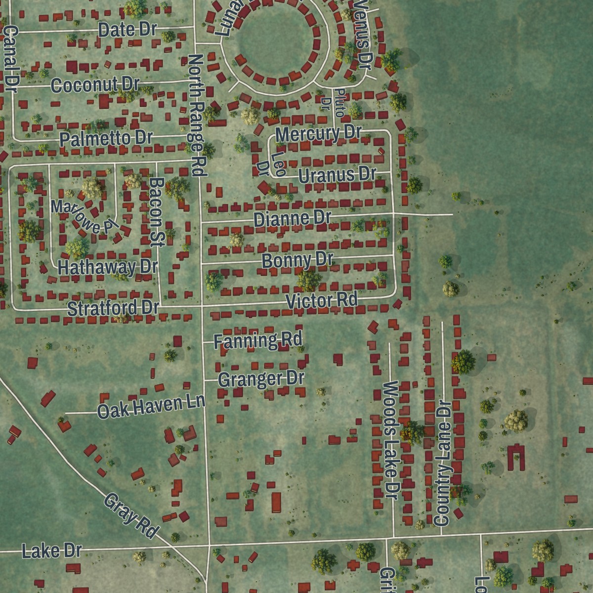 Second close-up of the map of Cocoa West, Florida print showing more streets and buildings