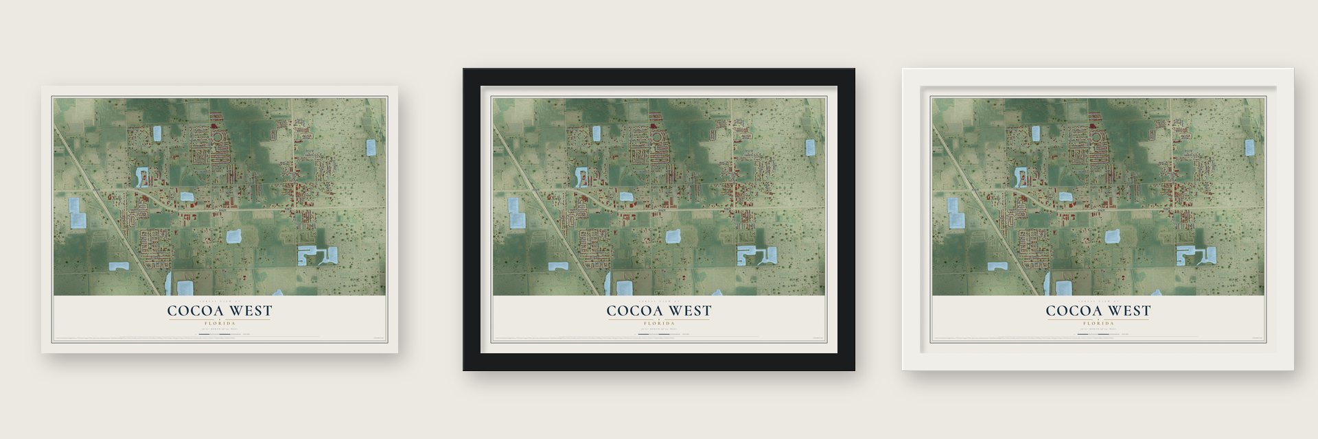 Cocoa West, Florida map unframed, in a black wood frame and in a white wood frame