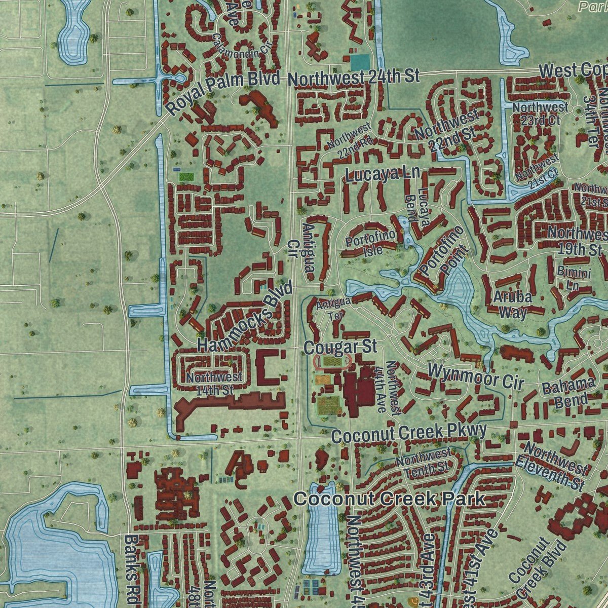 Second close-up of the map of Coconut Creek, Florida print showing more streets and buildings