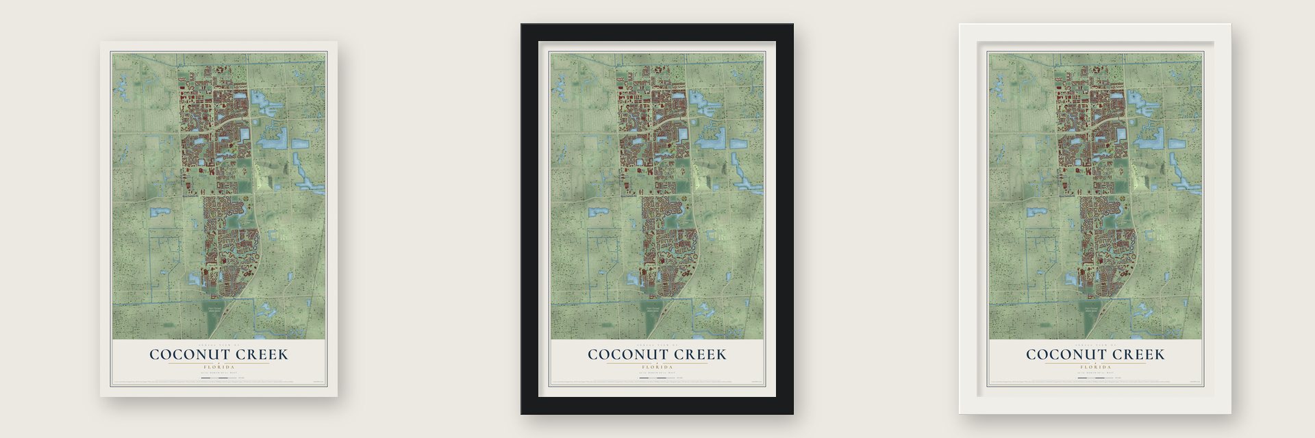 Coconut Creek, Florida map unframed, in a black wood frame and in a white wood frame