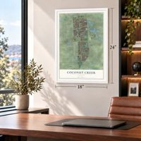 Coconut Creek, Florida map, 18 x 24 inch print in a white frame in a home office