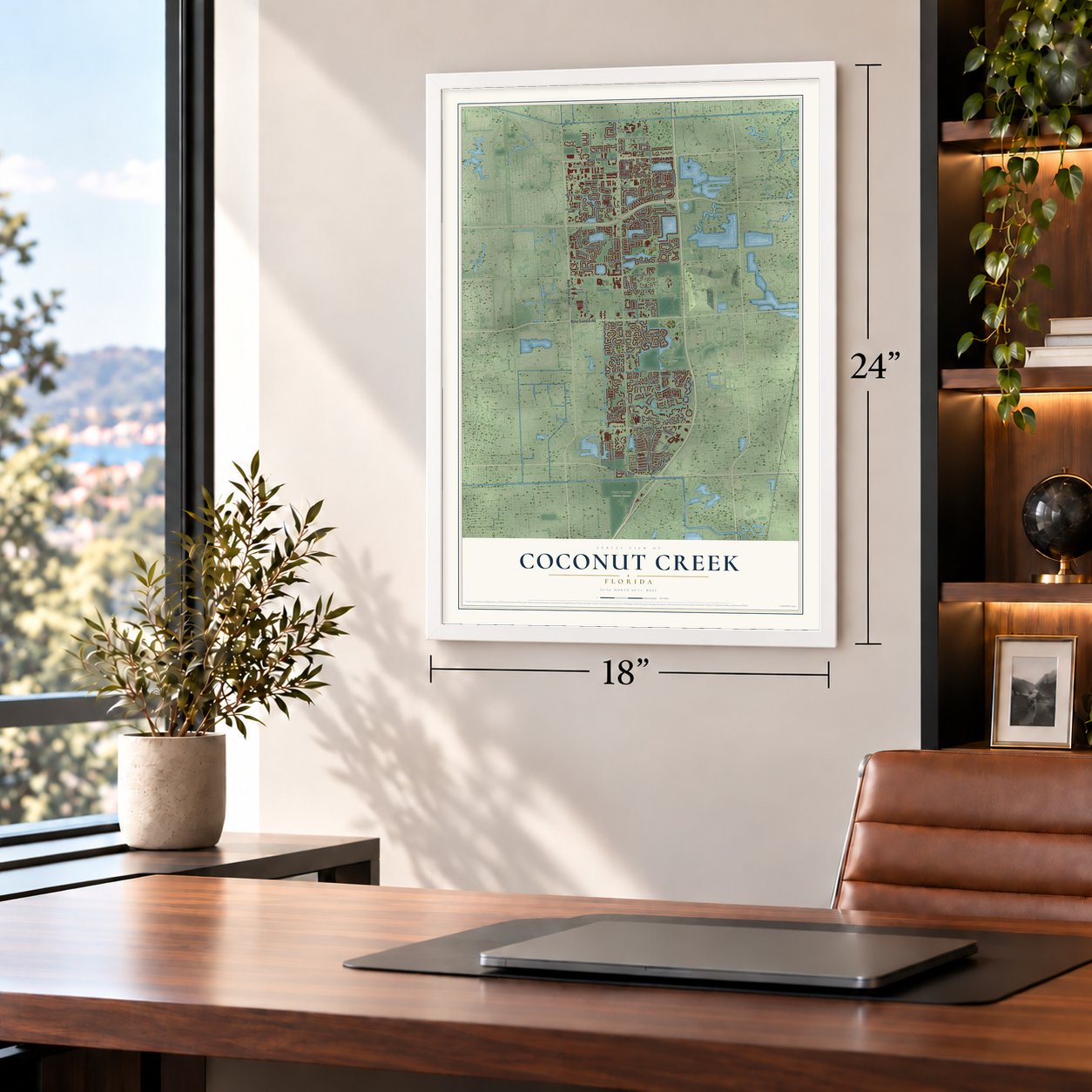 Coconut Creek, Florida map, 18 x 24 inch print in a white frame in a home office