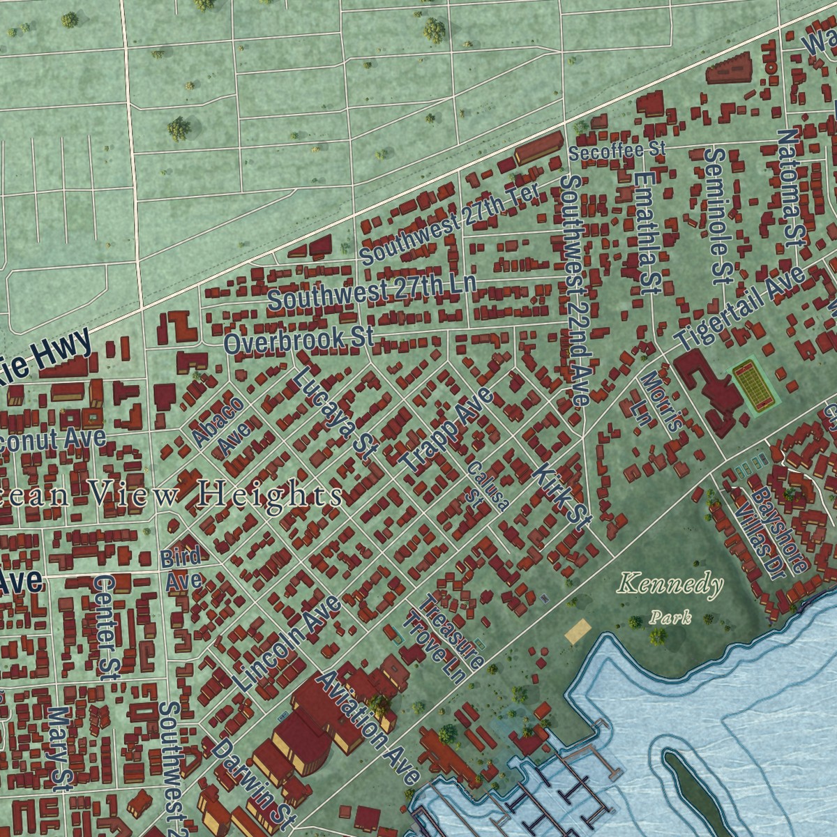 Second close-up of the map of Coconut Grove, Florida print showing more streets and buildings