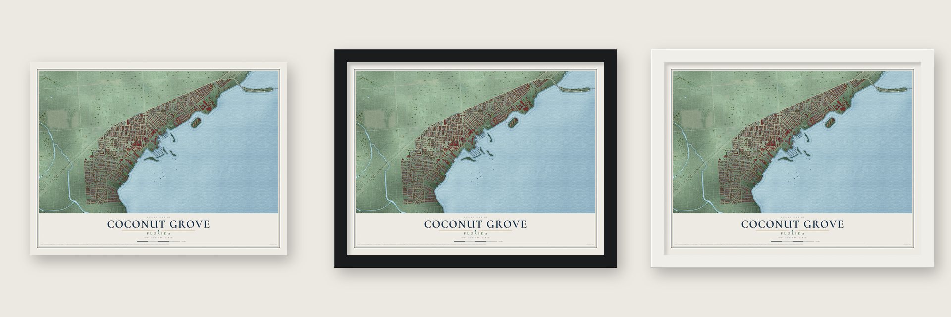 Coconut Grove, Florida map unframed, in a black wood frame and in a white wood frame