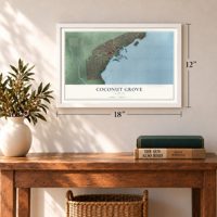 Coconut Grove, Florida map, 12 x 18 inch print in a white frame in an entryway