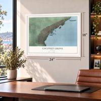 Coconut Grove, Florida map, 18 x 24 inch print in a white frame in a home office