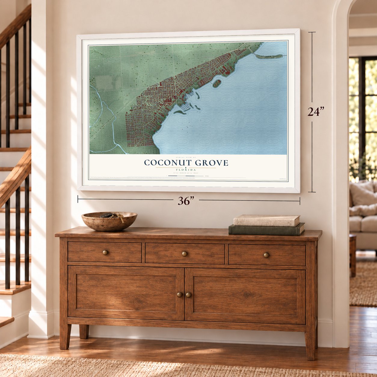 Coconut Grove, Florida map, 24 x 36 inch print in a white frame above a dresser by a staircase