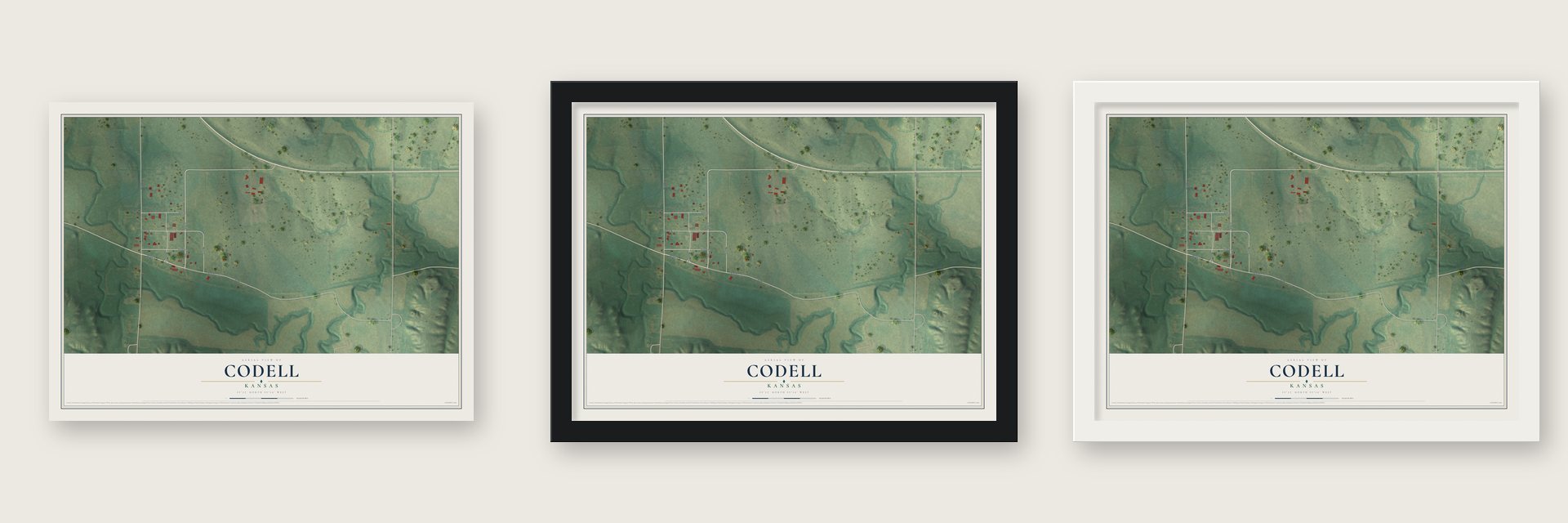 Codell, Kansas map unframed, in a black wood frame and in a white wood frame