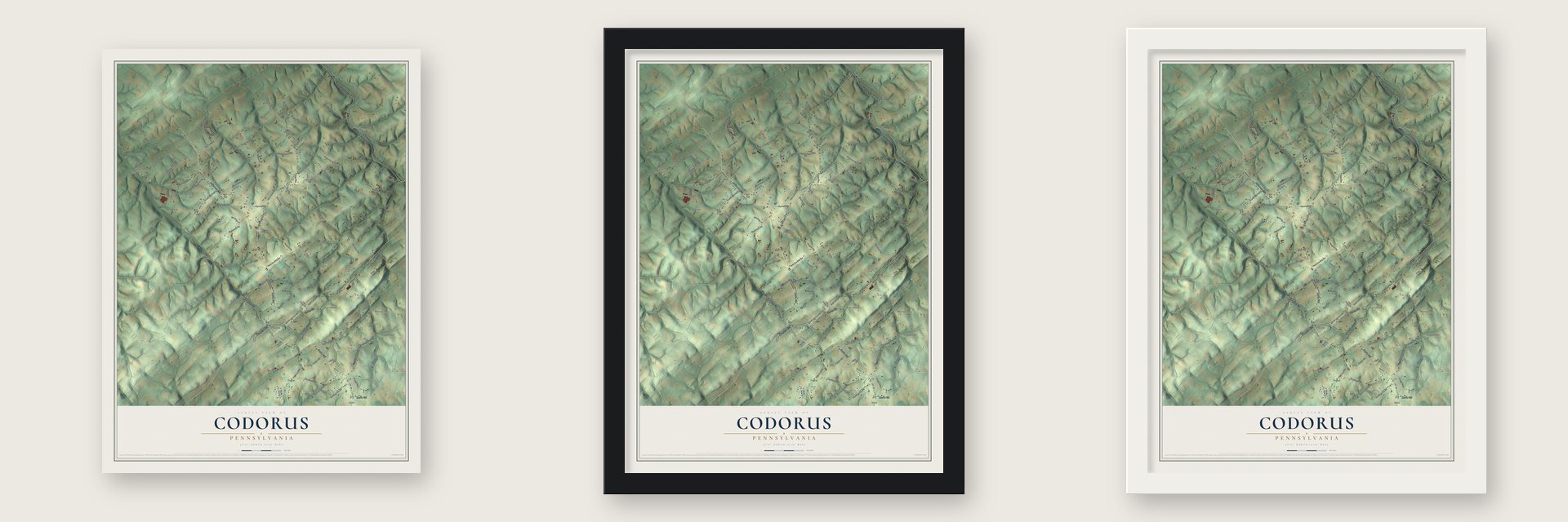 Codorus, Pennsylvania map unframed, in a black wood frame and in a white wood frame