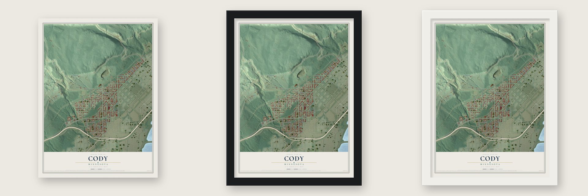 Cody, Minnesota map unframed, in a black wood frame and in a white wood frame