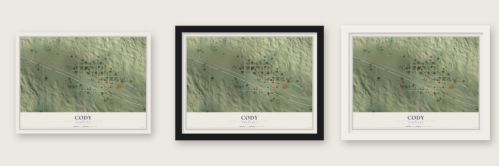 Cody, Nebraska map unframed, in a black wood frame and in a white wood frame