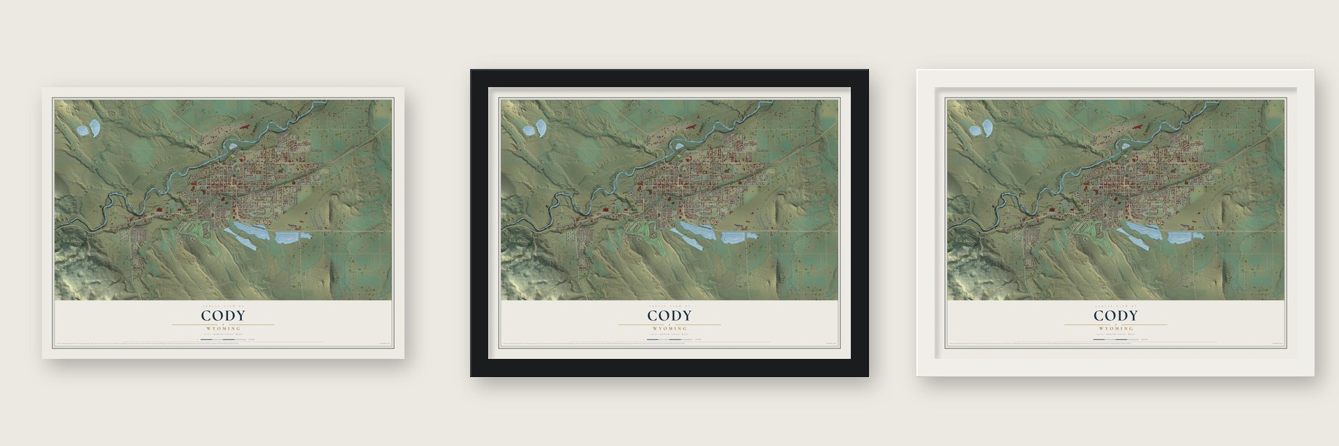 Cody, Wyoming map unframed, in a black wood frame and in a white wood frame