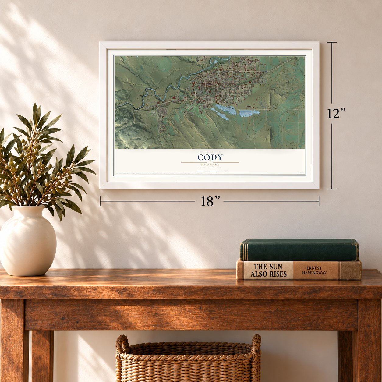 Cody, Wyoming map, 12 x 18 inch print in a white frame in an entryway