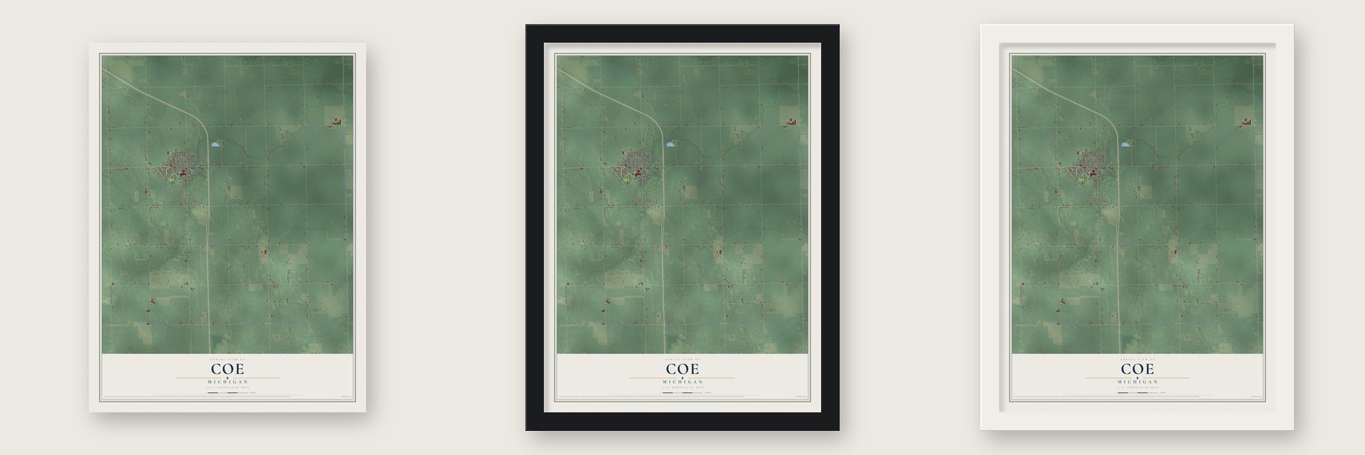 Coe, Michigan map unframed, in a black wood frame and in a white wood frame