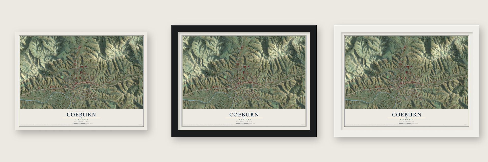 Coeburn, Virginia map unframed, in a black wood frame and in a white wood frame