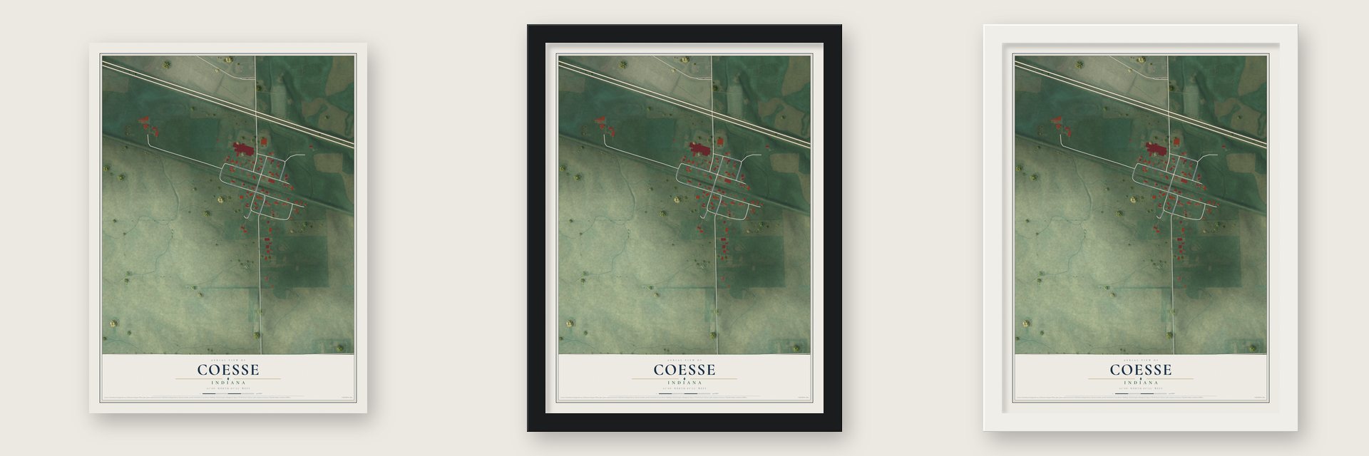 Coesse, Indiana map unframed, in a black wood frame and in a white wood frame