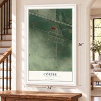 Coesse, Indiana map, 24 x 36 inch print in a white frame by a staircase