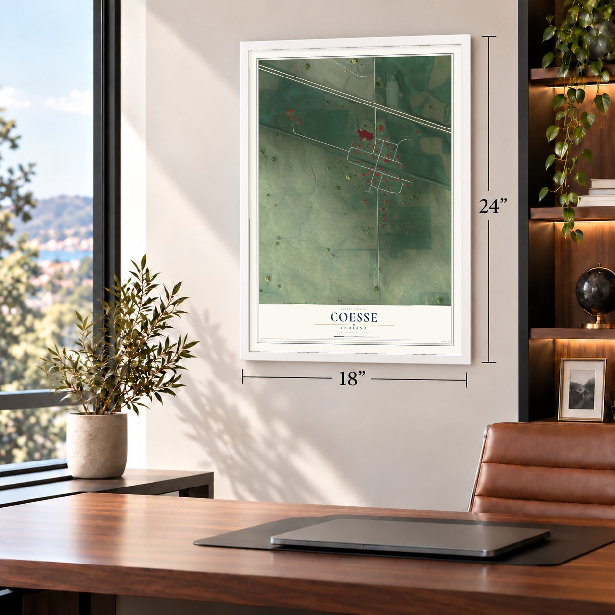 Coesse, Indiana map, 18 x 24 inch print in a white frame in a home office