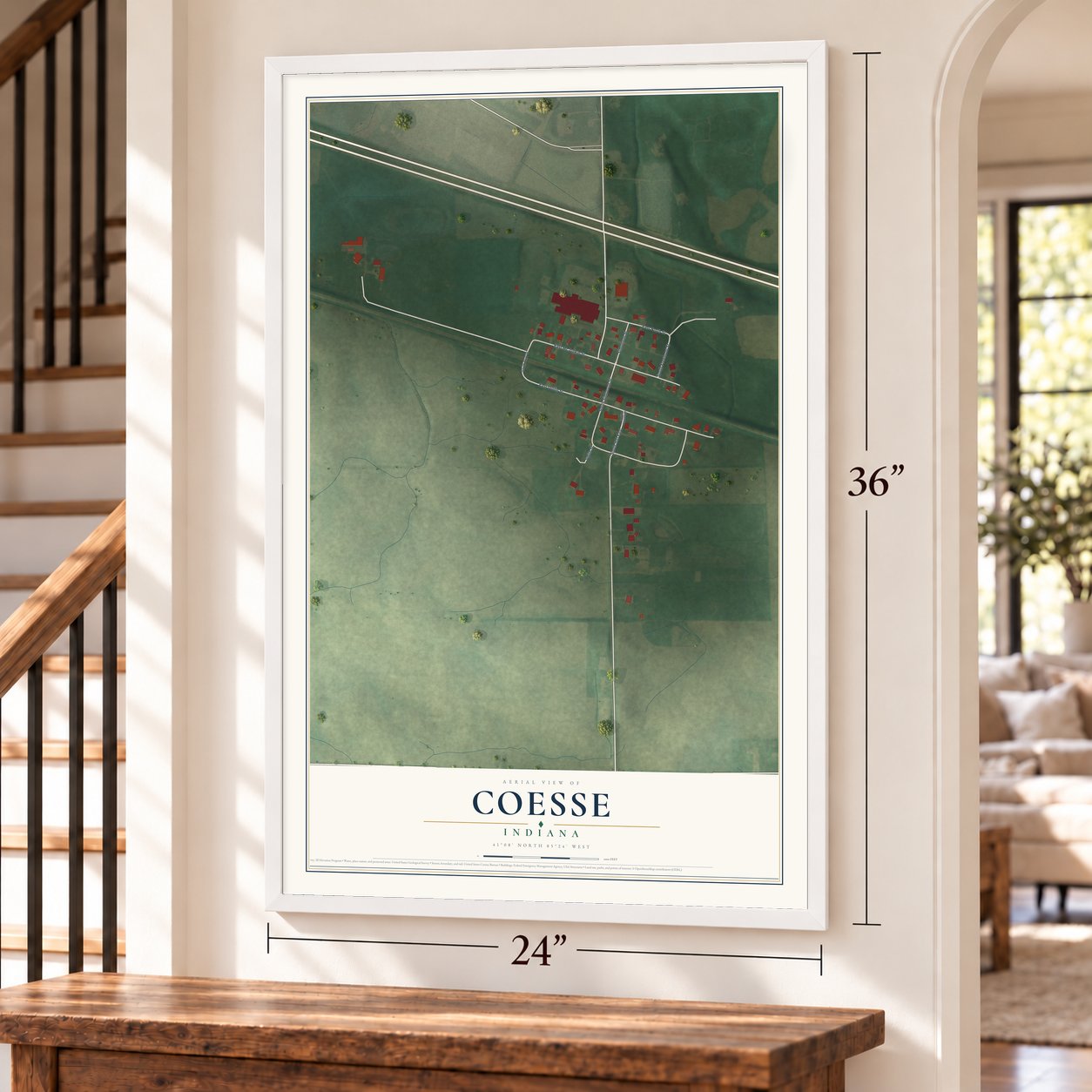 Coesse, Indiana map, 24 x 36 inch print in a white frame by a staircase