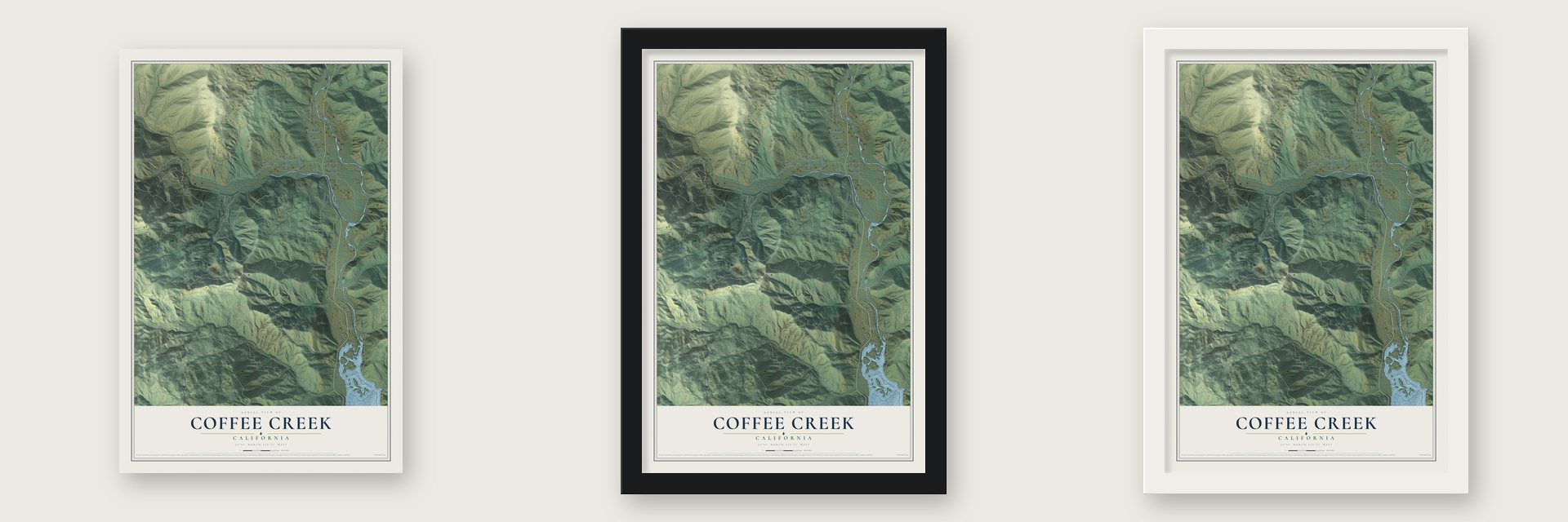Coffee Creek, California map unframed, in a black wood frame and in a white wood frame