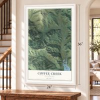 Coffee Creek, California map, 24 x 36 inch print in a white frame by a staircase