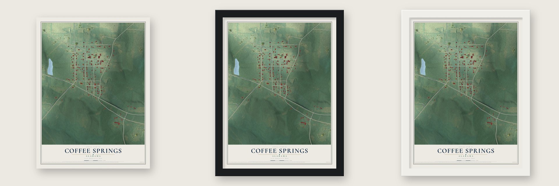 Coffee Springs, Alabama map unframed, in a black wood frame and in a white wood frame