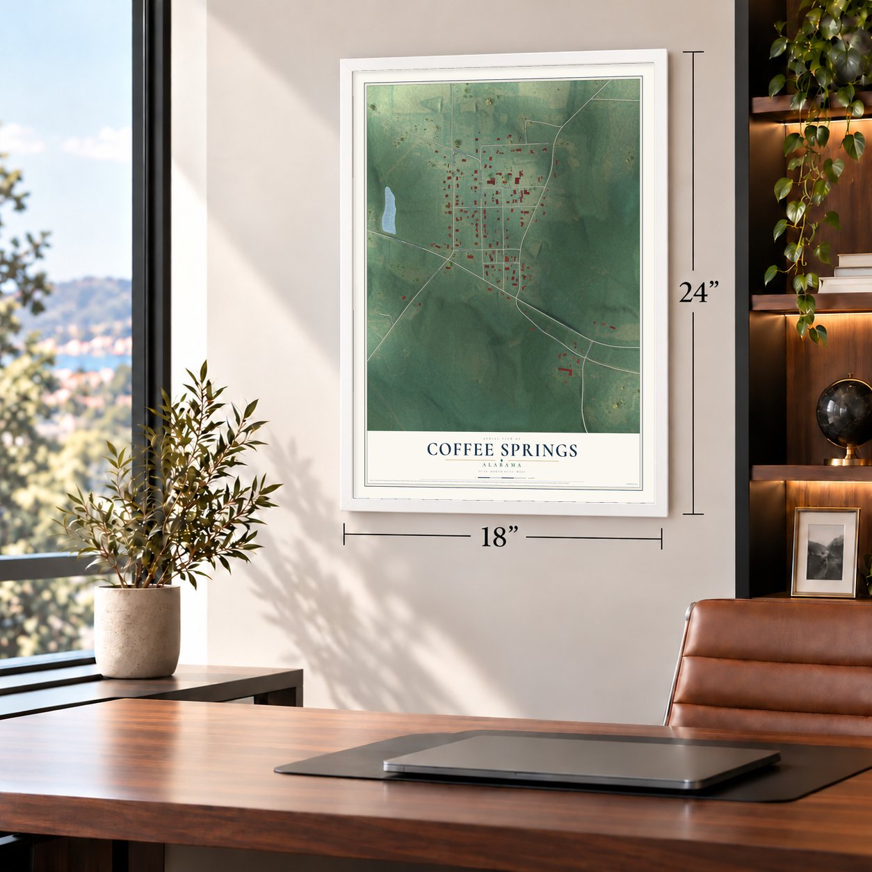 Coffee Springs, Alabama map, 18 x 24 inch print in a white frame in a home office