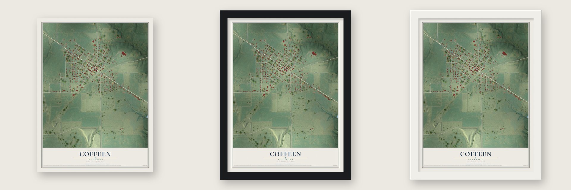 Coffeen, Illinois map unframed, in a black wood frame and in a white wood frame