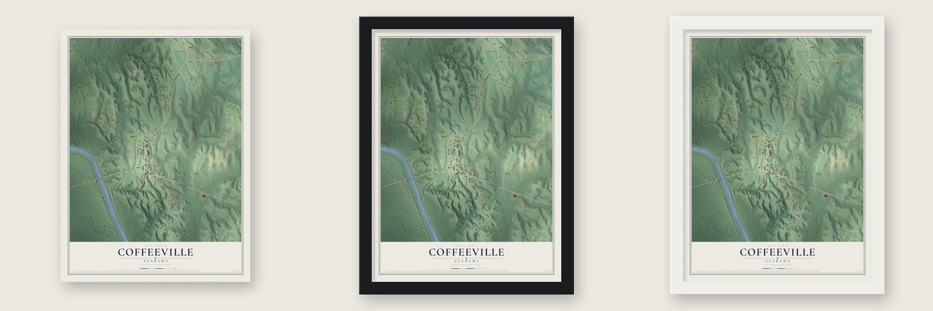 Coffeeville, Alabama map unframed, in a black wood frame and in a white wood frame