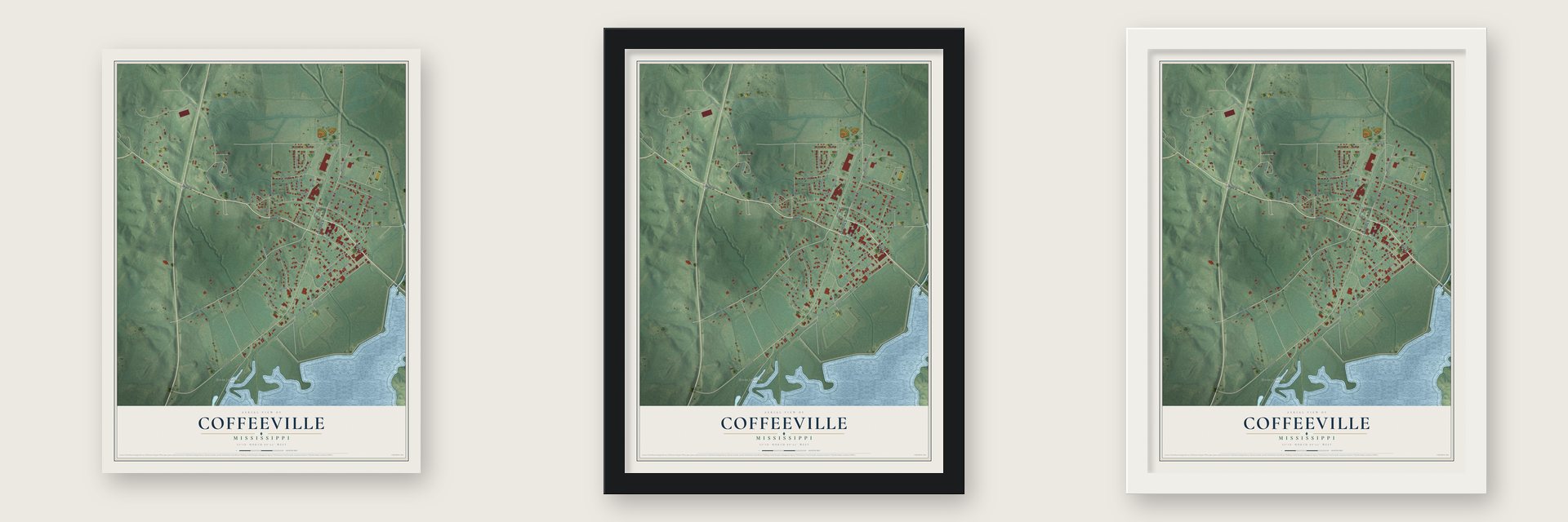 Coffeeville, Mississippi map unframed, in a black wood frame and in a white wood frame