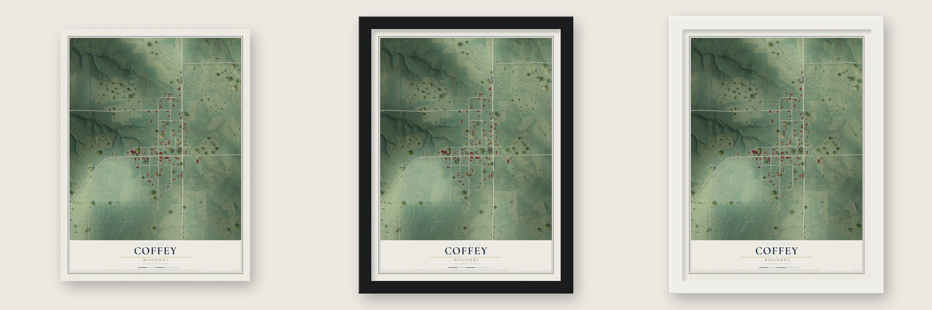 Coffey, Missouri map unframed, in a black wood frame and in a white wood frame